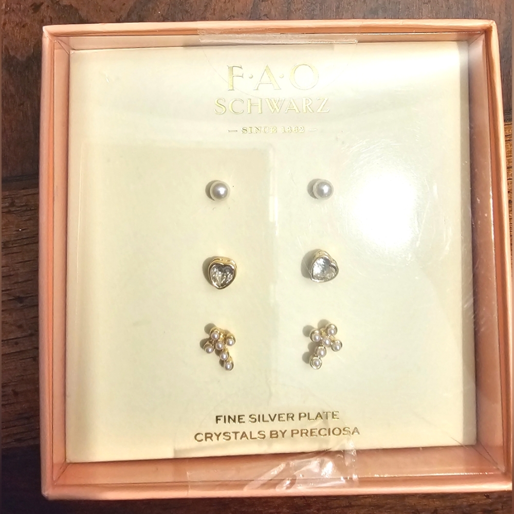 NWT-FAO Schwarz-Girl's Earring Set-3 Pairs-Fine Silver Plate & Crystals